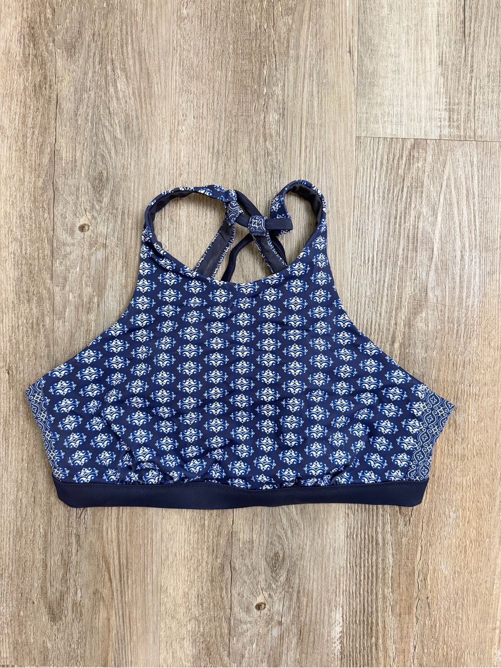 Athleta Navy & White High-Neck Patterned Swimsuit Top, size 36B/C